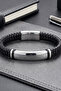 Men's Leather Bracelet Shiny Steel Name-Engravable Black Knitted Leather Bracelet - 4