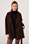 Women's Brown Oversized Short Melton Coat with Belt, Lined - Sevde Ugur - 7