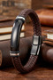 Men's Leather Bracelet Black Steel Name-Engravable Brown Knitted Leather Bracelet - 3