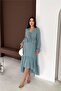 Women's Mint Green Bow Detailed V-Neck Flared Midi Chiffon Dress - 4