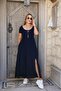 Women's Short Sleeve Round Neck Front Slit Pocket Viscose Long Dress
