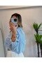 Women's Embroidery Detailed Short Blue Shirt – Cropped Oversize Shirt - 3