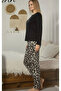 Women's Crew Neck Milan Fabric Leopard Patterned 100% Cotton Pajama Set - 3