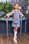 Girl's Blue Denim Dress with Horizontal Stone Stripe Embroidery on the Sleeves and Tulle Fabric Detail - 4