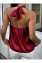 Women's Burgundy Satin Halter Neck Blouse - 2
