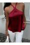 Women's Burgundy Satin Halter Neck Blouse - 6