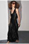 Backless Long Satin Shiny Black Dress with Tie Detail