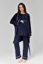 Navy Blue Maternity and Pregnancy 3-Piece Pajama Dressing Gown Set - White Piping Buttoned Cotton Set - 3