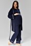 Navy Blue Maternity and Pregnancy 3-Piece Pajama Dressing Gown Set - White Piping Buttoned Cotton Set - 5