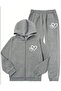 Hooded Zippered Double Heart Printed Embossed Sweatshirt Cardigan-Sweatpants Set