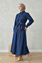 Women's Belted Front Buttoned Skirt Blouse Jeans Set Navy Blue - 2