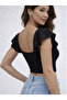 "Brode Embroidered Black Crop Blouse" |   Square Neck Ruffle Sleeve, Stretch Fit Summer Women's Top - 3