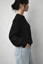 Women's Black Oversize Crew Neck Balloon Sleeve Ribbed Knit Sweater - 2
