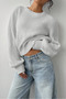 Women's White Oversize Crew Neck Balloon Sleeve Ribbed Knit Sweater - 4