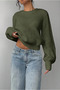 Women's Khaki Oversize Crew Neck Balloon Sleeve Ribbed Knit Sweater - 4