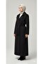 Women's Black Belted Long Cashmere Coat – Double-Breasted Collar with Buttons, Hijab Compatible - 2