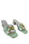 Women's Metallic Green Genuine Leather Gold Buckle Thick Heel Slippers