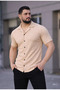 Men's Waffle Fabric Short Sleeve Buttoned Open Collar Regular Fit Shirt - Beige