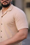 Men's Waffle Fabric Short Sleeve Buttoned Open Collar Regular Fit Shirt - Beige - 3