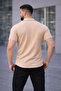 Men's Waffle Fabric Short Sleeve Buttoned Open Collar Regular Fit Shirt - Beige - 4