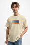 Men's Line Printed 100% Cotton Crew Neck Beige T-Shirt