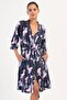 Women's Plus Size Floral Patterned Shawl Collar Belted Capri Sleeve Dressing Gown C3T6N1304