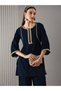 Women Navy Blue Velvet Round Neck Kurta with Wide Leg Trousers Co-Ords - 6