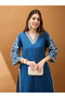 Women Blue Bell Sleeves Embroidered Kurta with Pant Set - 6