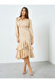 Women Beige Satin Ruffled Hem Midi Dress - 2