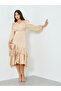 Women Beige Satin Ruffled Hem Midi Dress