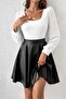 Stylish Black Lantern Long Sleeve Pu Dress Editor's Picksi