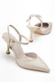 Women's beige satin heeled shoes with gold heel detail