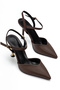 Women's brown satin fabric gold heeled high heels - 3