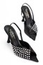 Women's Black Satin Fabric Shiny Stone Stylish Heeled Shoes - 3