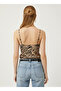Women's Coffee Zebra Patterned Lace Adjustable Rope Strap Crepe Fabric Athlete Blouse - 6