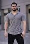 Men's Waffle Fabric Short Sleeve Button down Open Collar Regular Fit Shirt - Gray - 4
