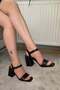 Women's Black Leather Single Strap 9 cm Thick Heeled Shoes - 2