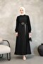 Asymmetrical Cut Belted Two-Color Long Hijab Dress - Black