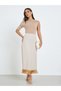 Women Beige Midi Skirt with Tassel Hem
