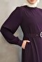 Asymmetrical Cut Belted Two-Color Long Hijab Dress - Purple - 3