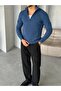 Kz015 Half Zipper Fisherman Knitted Collar Knitwear Indigo Blue - 3