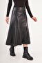 High Waist Black Midi Leather Skirt with Stitching Detail - 4