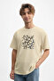 Men's Linear Graphic Design Crew Neck Beige T-Shirt
