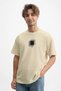 Men's Isometric Line Detailed 100 Yüz Cotton Beige T-Shirt