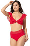 Women's Plain Ruffle High Waist Bikini Set - Red