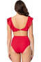 Women's Plain Ruffle High Waist Bikini Set - Red - 2