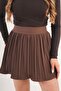 Brown Mini Skirt with Elastic Waist and Small Pleated Lining Shorts - 3