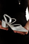Silver Satin Pointed Toe Open Back 5 cm Covered Heel with Cross Stone New Season - 3