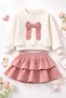 Girl's Stone Embellished Ribbon Detailed T-Shirt and Skirt Set – Stylish Combination for Holidays and Special Occasions - 5