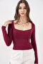 Women's Square Collar Slim Fit Blouse 986 - Burgundy - 3